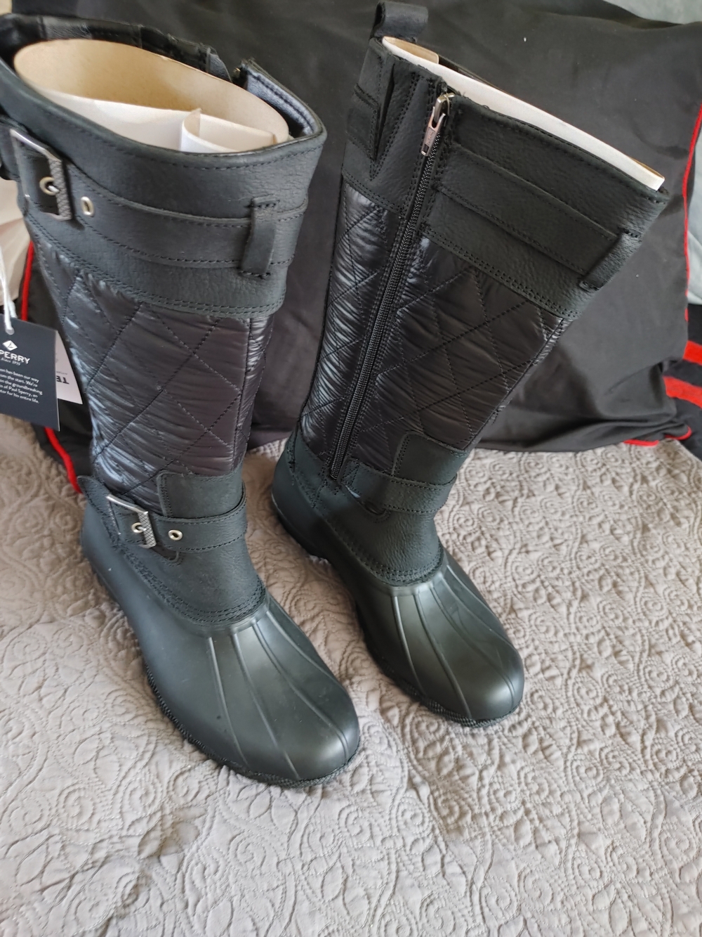 Sperry Quilted Black Tall Rain Boots with Buckle